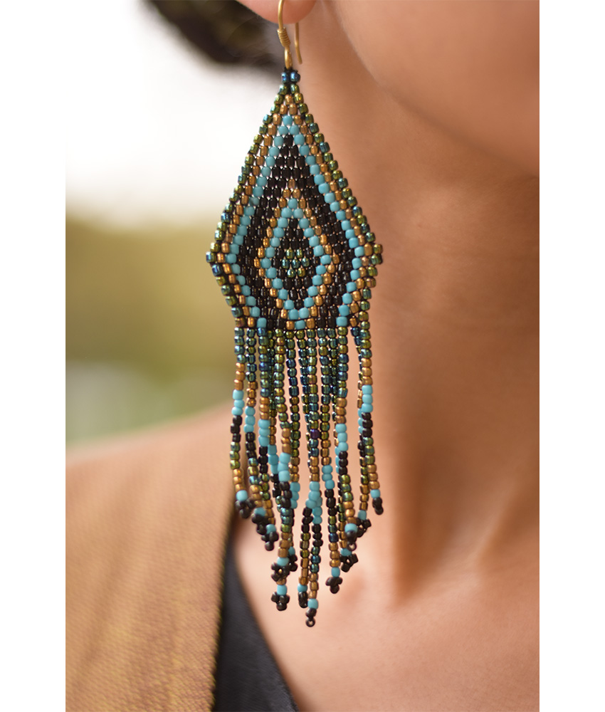 Aqua, Black & Gold Beaded Earrings handmade in Egypt & available in Jozee Boutique