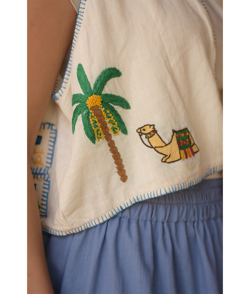 Off White Hand Embroideries Linen Vest handmade in Egypt & available at Jozee Boutique.
