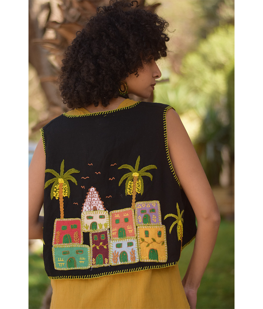 Black Hand Embroideries Linen Vest handmade in Egypt & available at Jozee Boutique.