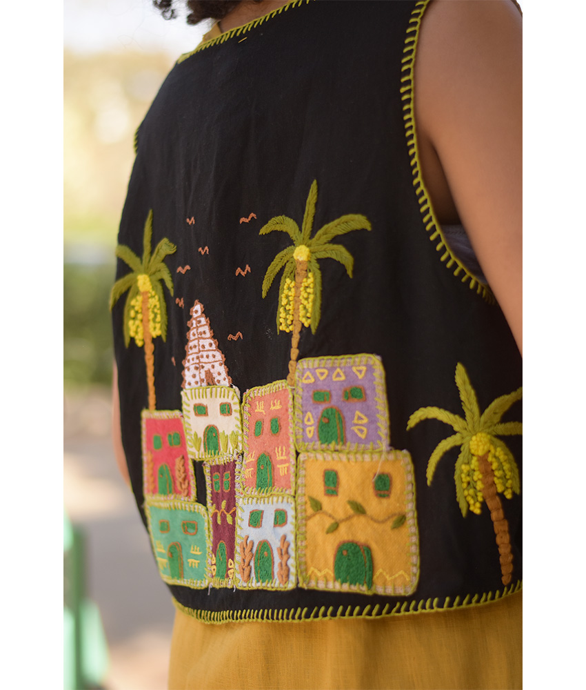 Black Hand Embroideries Linen Vest handmade in Egypt & available at Jozee Boutique.