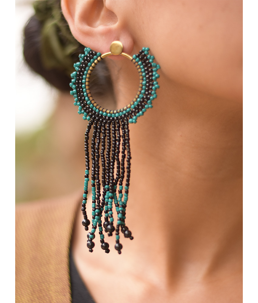 Black & Turquoise Beaded Copper Earrings handmade in Egypt & available in Jozee Boutique