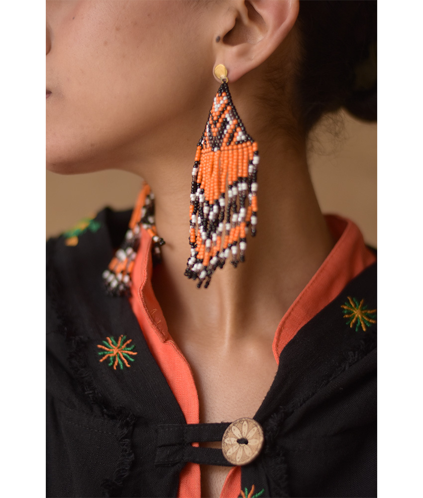 Black, Orange & White Beaded Earrings handmade in Egypt & available in Jozee Boutique