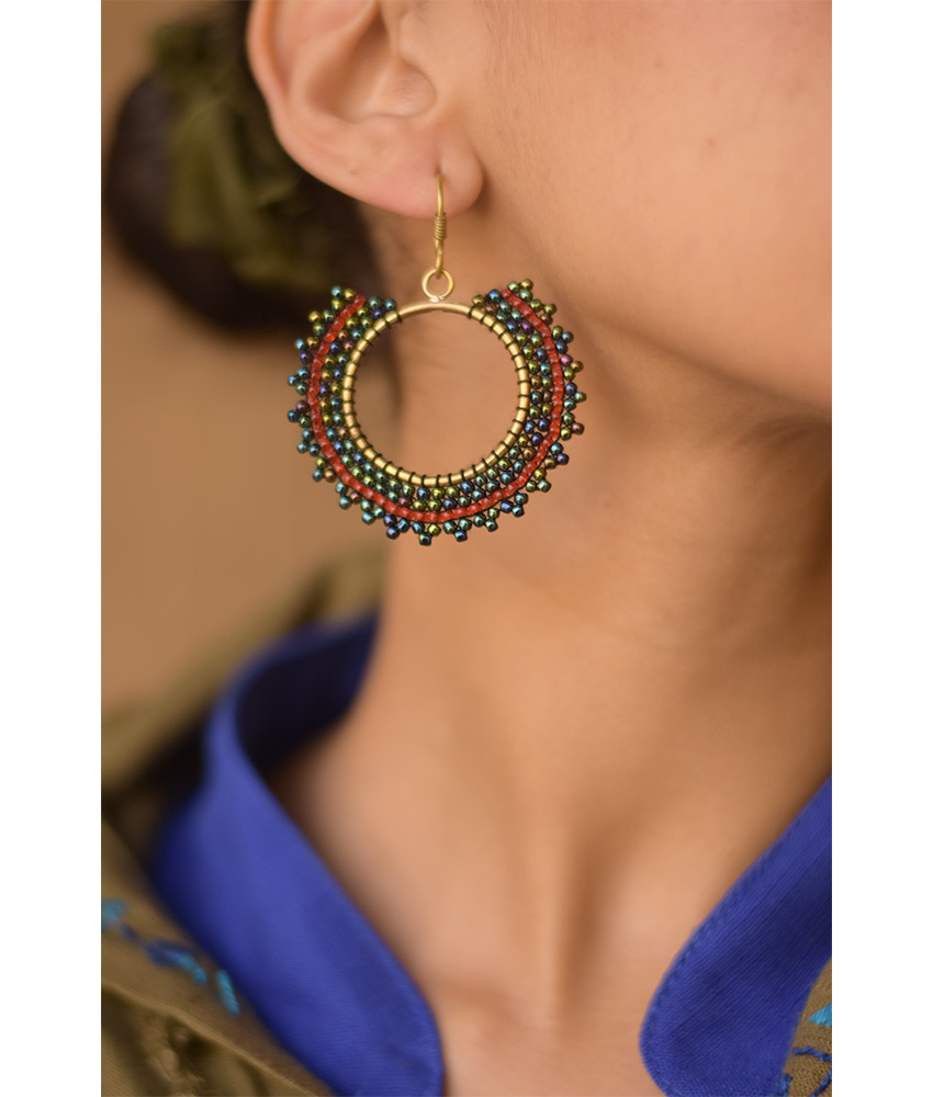 Red & Multicolored Beaded Copper Earrings handmade in Egypt & available in Jozee Boutique