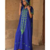 Electric Blue Siwa Heavily Embroidered Linen Dress with Hoodie handmade in Egypt & available at Jozee Boutique.