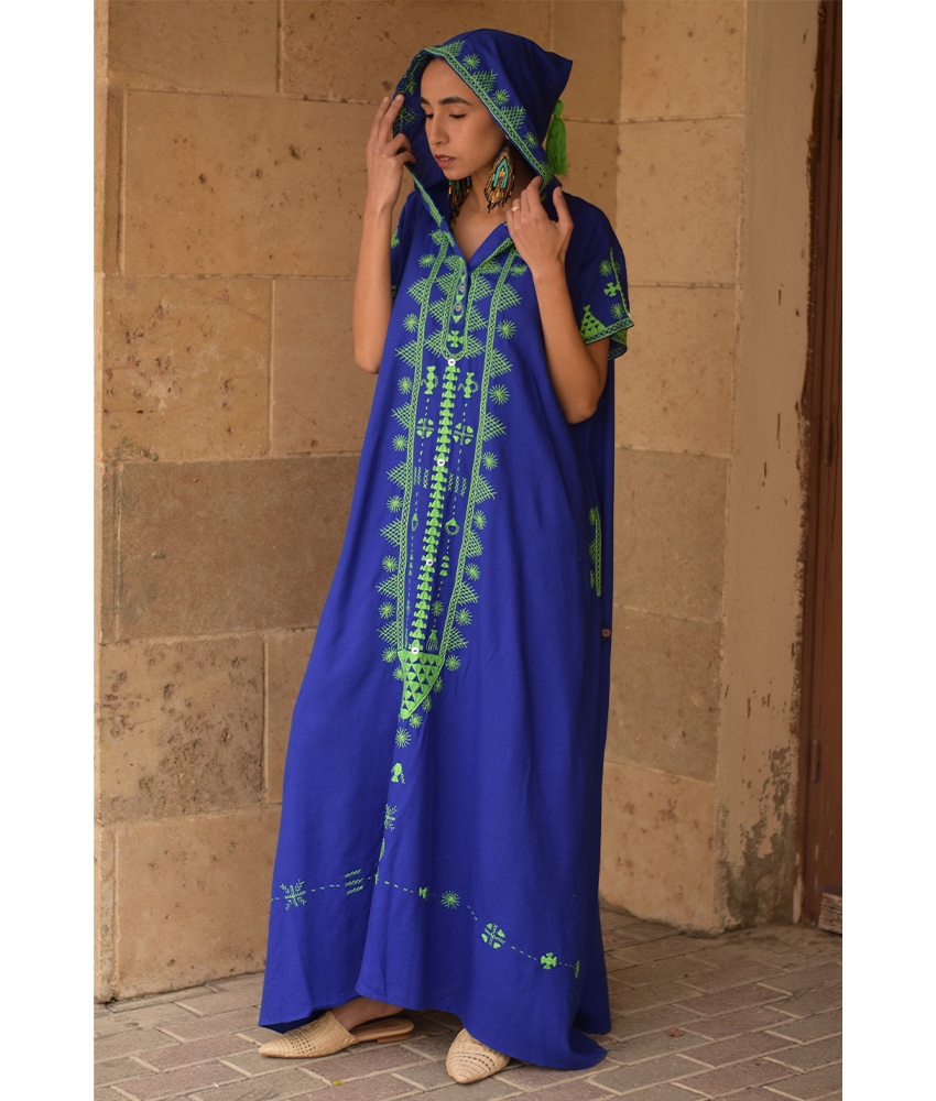 Electric Blue Siwa Heavily Embroidered Linen Dress with Hoodie handmade in Egypt & available at Jozee Boutique.