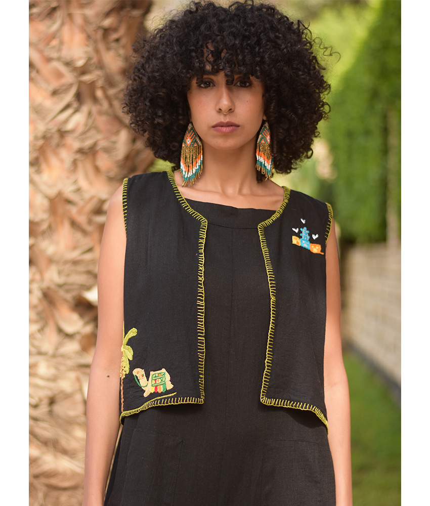 Black Hand Embroideries Linen Vest handmade in Egypt & available at Jozee Boutique.