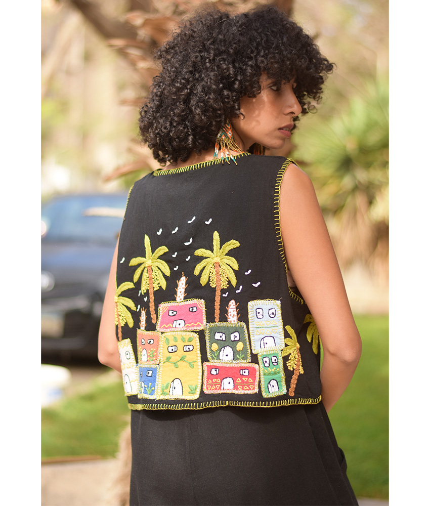 Black Hand Embroideries Linen Vest handmade in Egypt & available at Jozee Boutique.