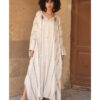 Beige Stripped Viscose Kaftan with Hoodie handmade in Egypt & available at Jozee Boutique.