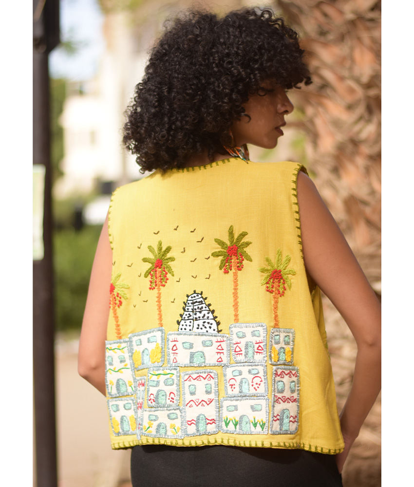 Yellow Hand Embroideries Linen Vest handmade in Egypt & available at Jozee Boutique.