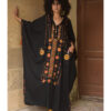 Black Siwa Embroidered Linen Kaftan with Hoodie handmade in Egypt & available at Jozee Boutique.