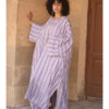 White & Purple Stripped Viscose Kaftan with Hoodie handmade in Egypt & available at Jozee Boutique.