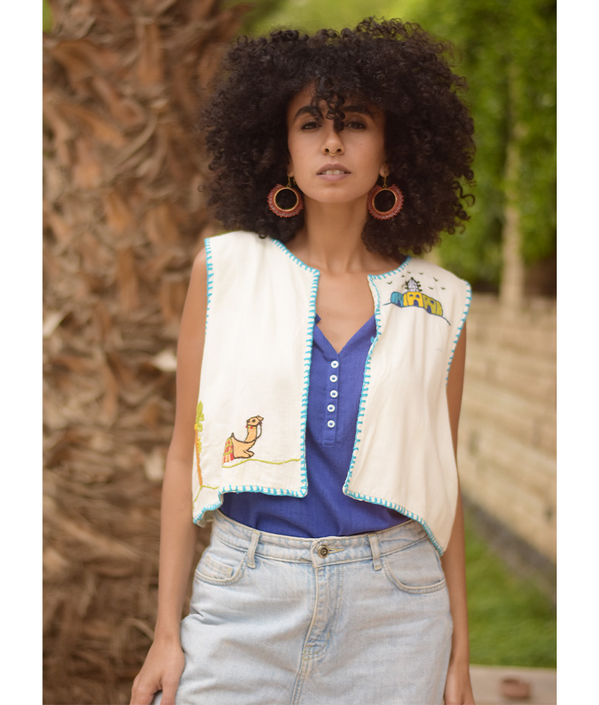 Off White Hand Embroideries Linen Vest handmade in Egypt & available at Jozee Boutique.