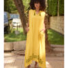 Yellow Linen Dress with Ancient Egyptian Lotus Embroidery handmade in Egypt & available at Jozee Boutique.