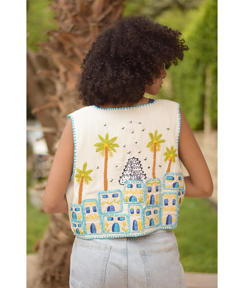 Off White Hand Embroideries Linen Vest handmade in Egypt & available at Jozee Boutique.
