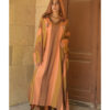 Peach & Brown Stripped Viscose Kaftan with Hoodie handmade in Egypt & available at Jozee Boutique.