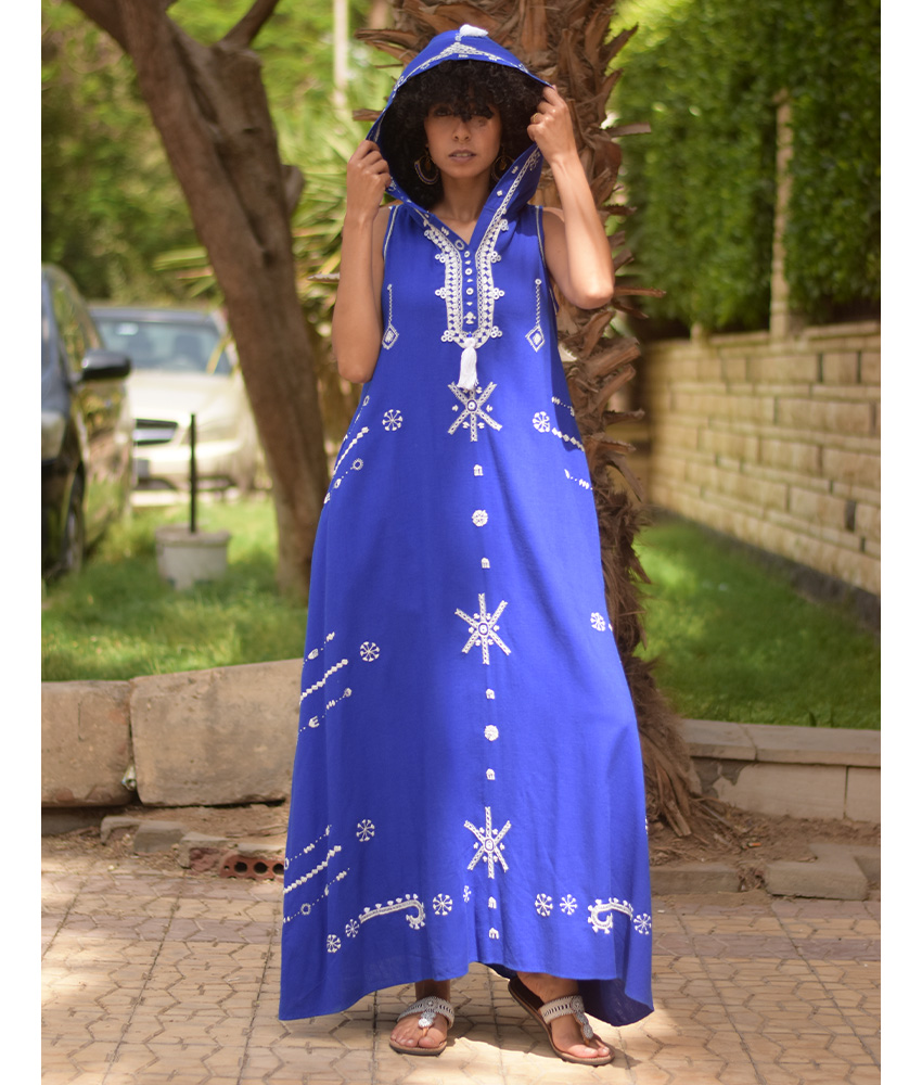 Electric Blue Siwa Heavily Embroidered Linen Dress with Hoodie handmade in Egypt & available at Jozee Boutique.