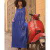 Electric Blue Linen Dress with Gold Tally Embroideries handmade in Egypt & available at Jozee boutique