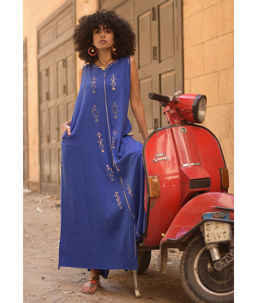 Electric Blue Linen Dress with Gold Tally Embroideries handmade in Egypt & available at Jozee boutique
