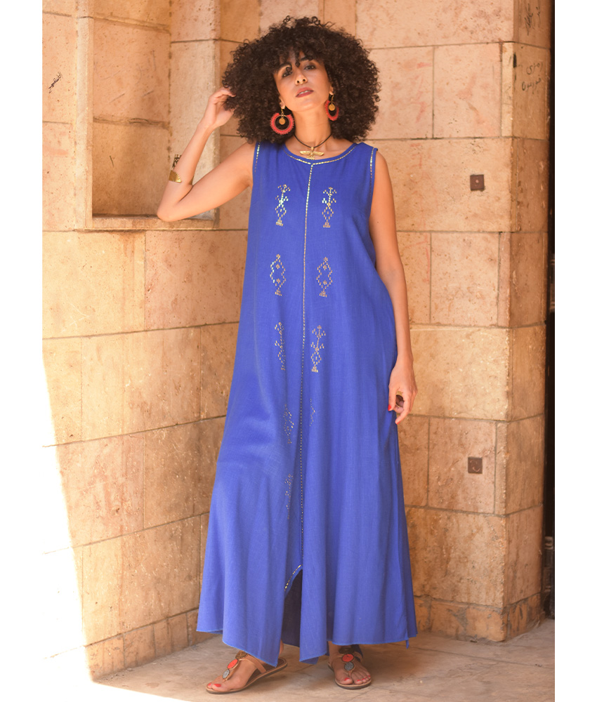 Electric Blue Linen Dress with Gold Tally Embroideries handmade in Egypt & available at Jozee boutique