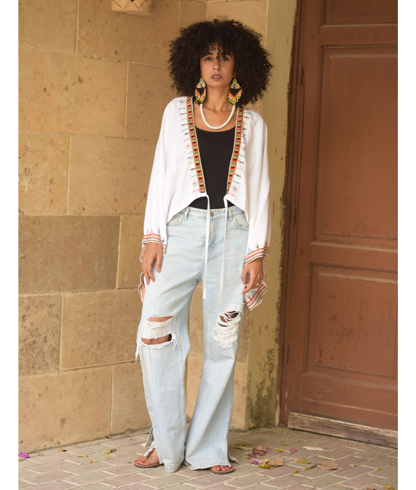 White Siwa Embroidered Linen Bolero made in Egypt & available at Jozee Boutique.