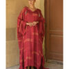 Burgundy & Mustard Stripped Viscose Kaftan with Hoodie handmade in Egypt & available at Jozee Boutique.