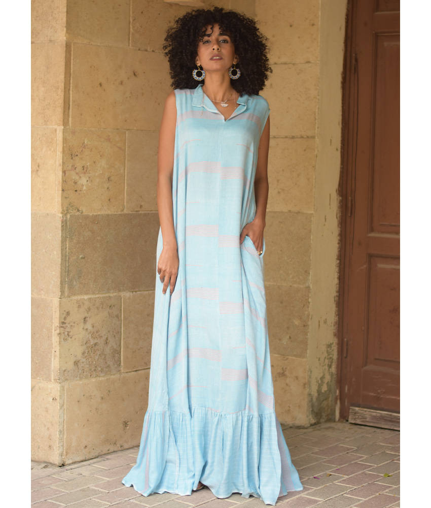 Baby Blue Handwoven Ruffle Dress handmade in Egypt & available at Jozee Boutique.
