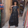 Black Linen Dress with silver Tally Embroideries handmade in Egypt & available at Jozee boutique