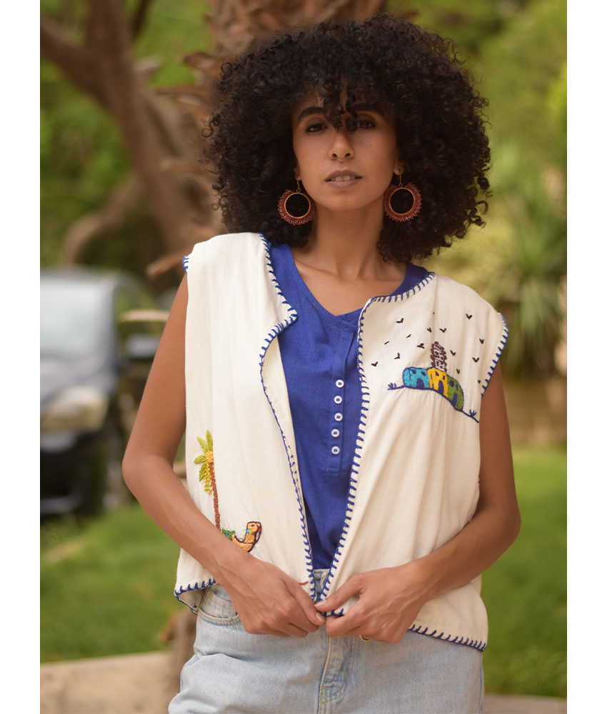 Off White Hand Embroideries Linen Vest handmade in Egypt & available at Jozee Boutique.