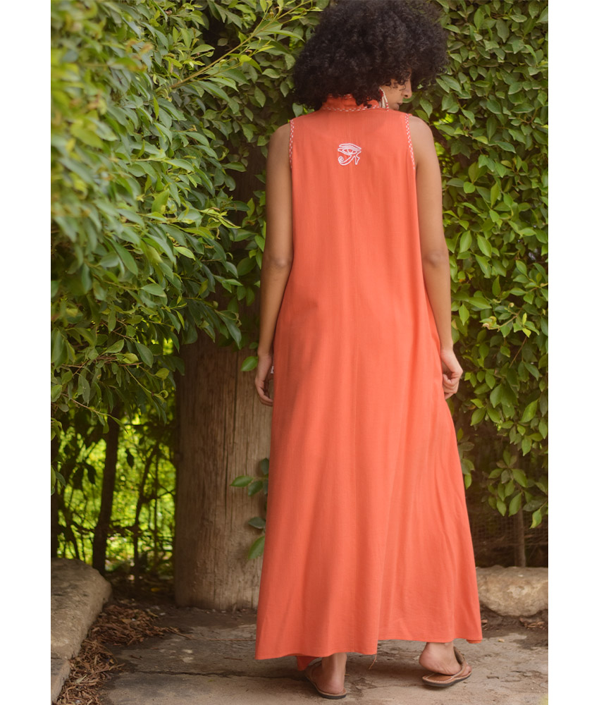 Orange Linen Dress with Ancient Egyptian Lotus Embroidery handmade in Egypt & available at Jozee Boutique.