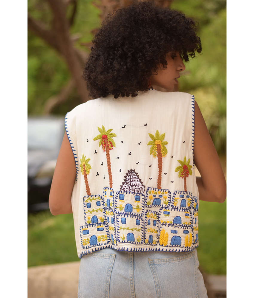 Off White Hand Embroideries Linen Vest handmade in Egypt & available at Jozee Boutique.