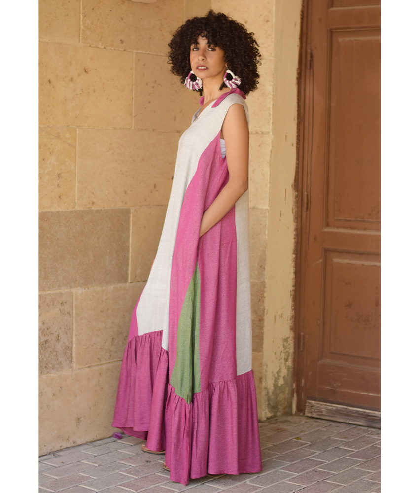 Fuchsia Pink & Grey Handwoven Ruffle Dress Handmade in Egypt & available at Jozee Boutique