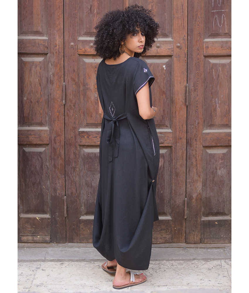 Black Linen Dress with silver Tally Embroideries handmade in Egypt & available at Jozee boutique