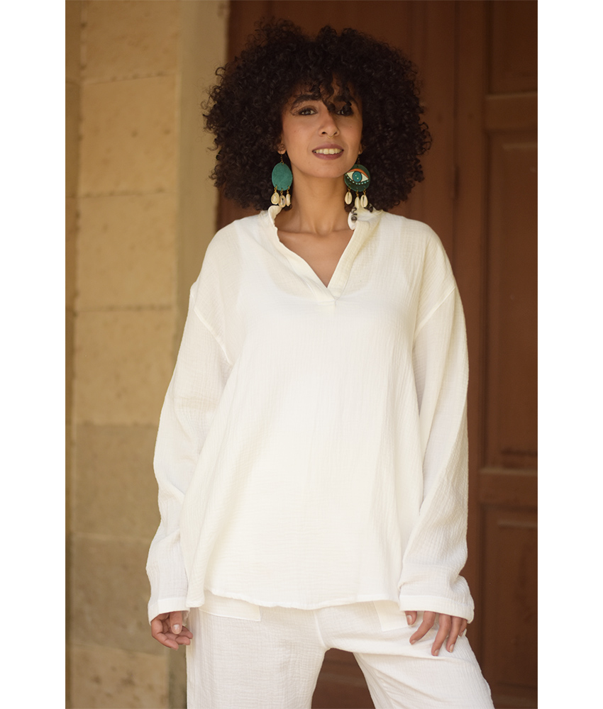 White Cotton Textured Oversized Top handmade in Egypt & available at Jozee boutique