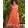 Orange Linen Dress with Ancient Egyptian Lotus Embroidery handmade in Egypt & available at Jozee Boutique.