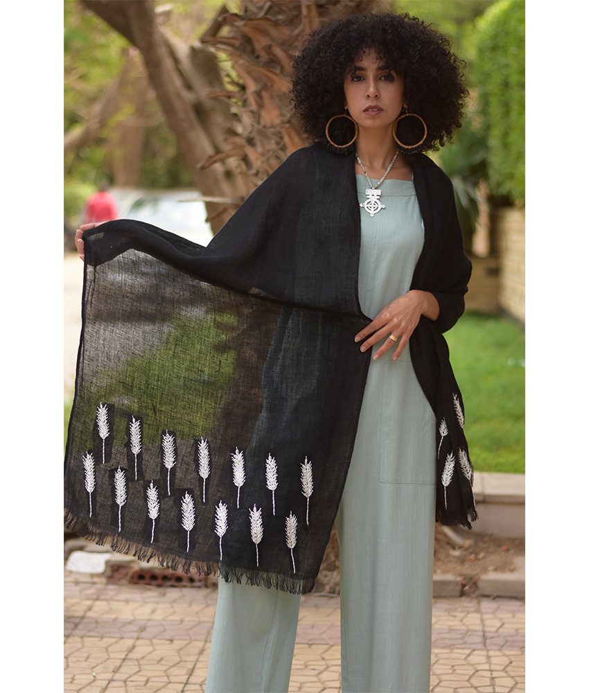 Black Embroidered Linen Shawl Handmade in Egypt & available at Jozee Boutique