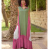 Green & Fuchsia Pink Handwoven Ruffle Dress handmade in Egypt & available at Jozee Boutique.