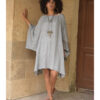 Grey Viscose Midi Dress with Inspired Pattern handmade in Egypt & available at Jozee Boutique.