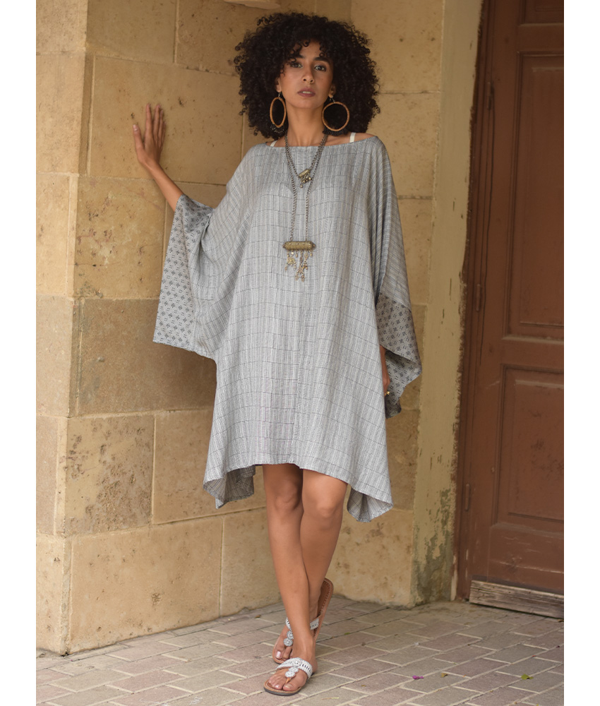 Grey Viscose Midi Dress with Inspired Pattern handmade in Egypt & available at Jozee Boutique.