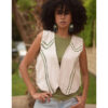 Off White & Olive Green Hand Embroideries Linen Vest handmade in Egypt & available at Jozee Boutique.