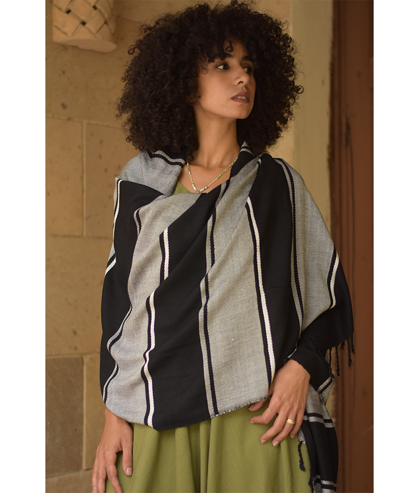 Black & Light grey Viscose Shawl with Fringes handmade in Egypt & available at Jozee Boutique.handmade in Egypt & available at Jozee Boutique.