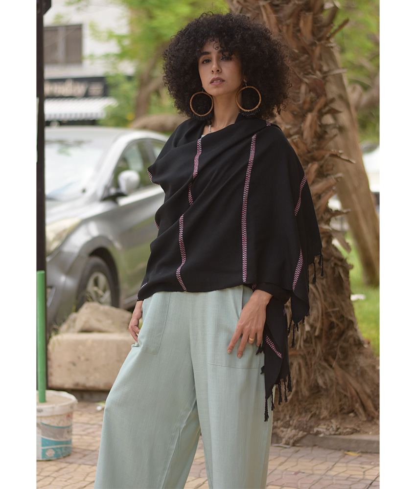 Black Viscose Shawl with Fringes handmade in Egypt & available at Jozee Boutique.handmade in Egypt & available at Jozee Boutique.