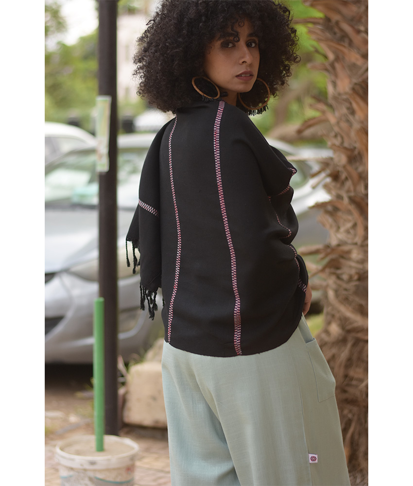 Black Viscose Shawl with Fringes handmade in Egypt & available at Jozee Boutique.handmade in Egypt & available at Jozee Boutique.