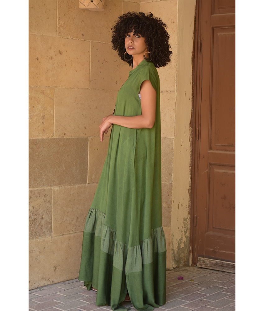 Green Handwoven Ruffle Dress Handmade in Egypt & available at Jozee Boutique