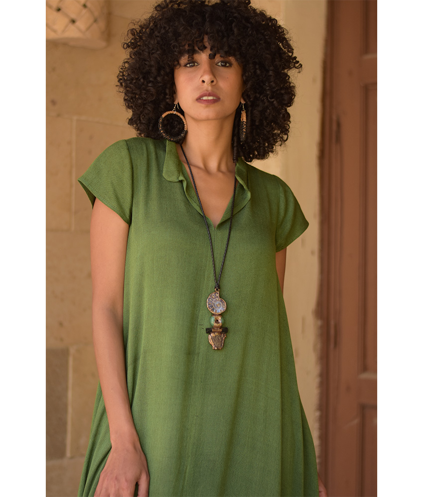 Green Handwoven Ruffle Dress Handmade in Egypt & available at Jozee Boutique