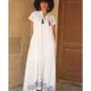 Off-White Linen Dress with Ancient Egyptian Lotus Embroidery handmade in Egypt & available at Jozee Boutique.