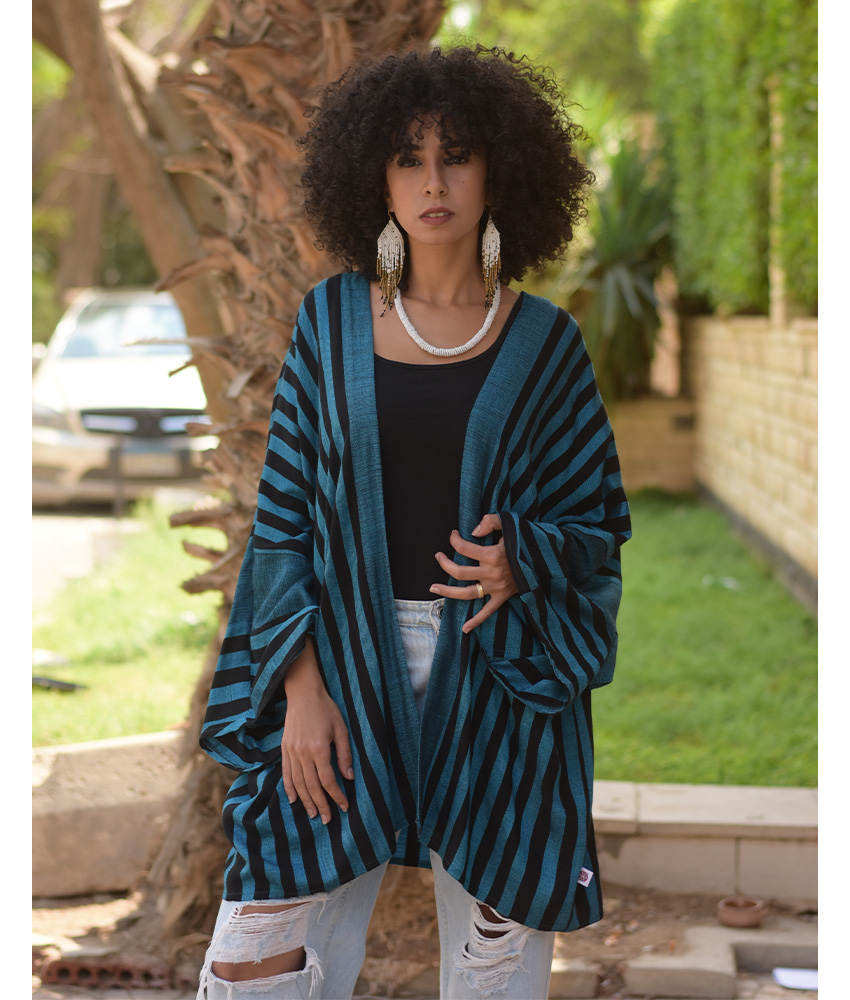Teal & Black handwoven Egyptian cotton cardigan handmade in Egypt & available at Jozee Boutique.