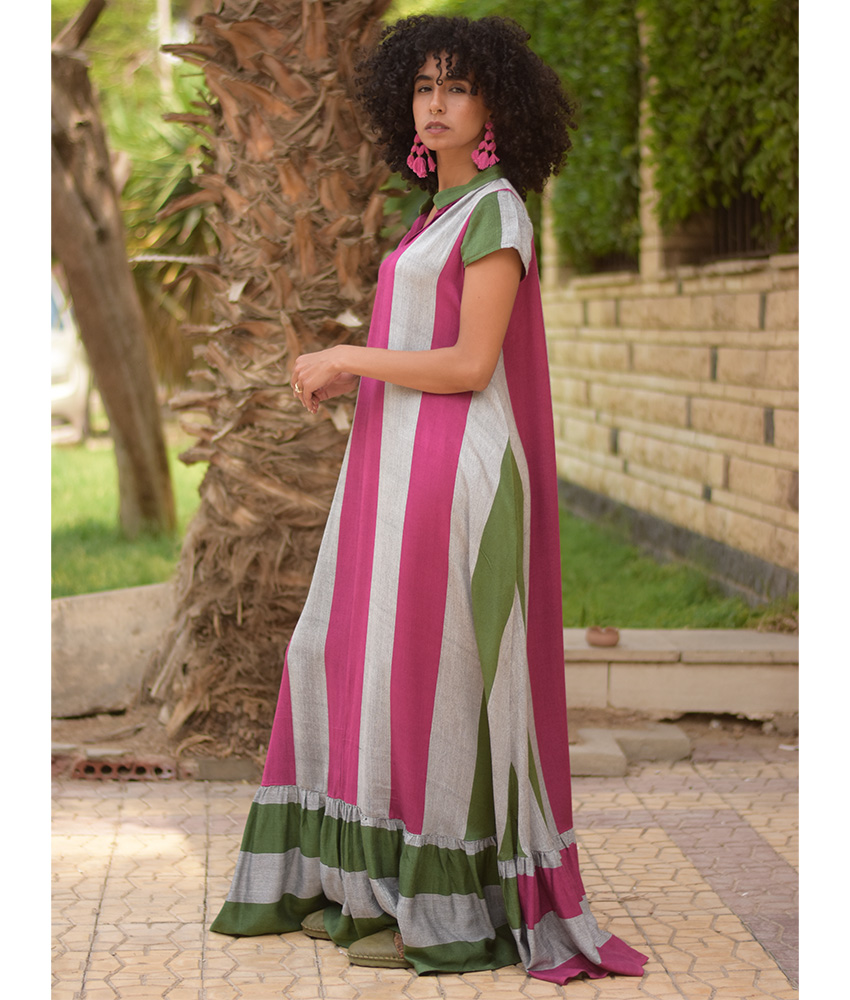 Multicolored Handwoven Ruffle Dress handmade in Egypt & available at Jozee Boutique.