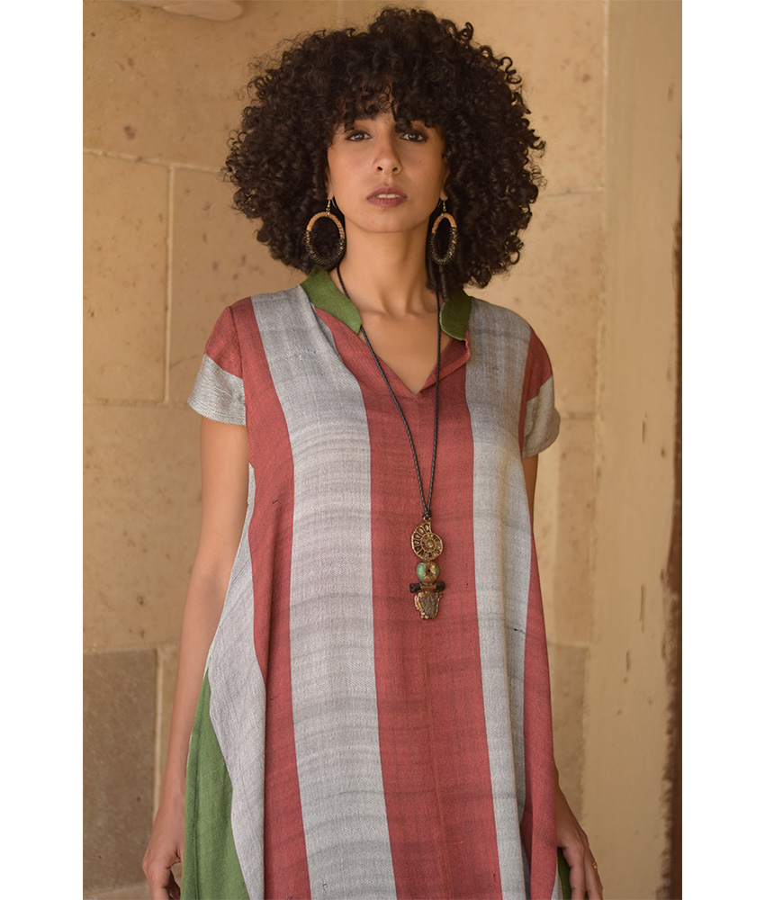 Brick red & Grey Handwoven Ruffle Dress Handmade in Egypt & available at Jozee Boutique