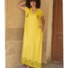 Yellow Linen Dress with Ancient Egyptian Lotus Embroidery handmade in Egypt & available at Jozee Boutique.