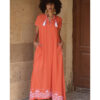 Orange Linen Dress with Ancient Egyptian Lotus Embroidery handmade in Egypt & available at Jozee Boutique.